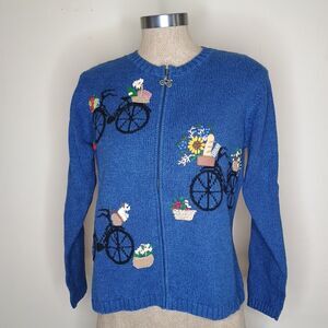 Talbots Cardigan Sweater Women Sz PS Blue Novelty Picnic Bicycle Embroidery NEW